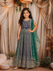 Navy Blue and Sea Green Floral Embroidered Design Georgette Kids Lehenga with Net Dupatta
