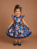 Ink Blue Satin Gown Adorned with Floral Prints