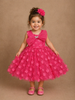 Pink 3D Floral Net Party Frock with Butterfly Brooch & Layered Bow