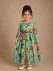Aqua Blue Cotton Maxi Dress for Girls Adorned with Floral Prints and Waist Belt