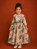 Ivory Cotton Maxi Dress for Girls Adorned with Floral Prints and Waist Belt