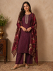 Burgundy Straight Cut Salwar Suit Adorned with Sequins and Stripes Design Paired with Dupatta