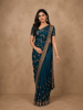 Teal Blue Floral Embellished Chiffon Saree