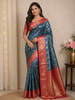 Dark Blue Pure Kanchipuram Bridal Silk Saree with Floral Motif on the body and Contrast Zari Border