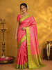Dark Pink Pure Kanchipuram Silk Saree with Floral and Diamond Design on the Body and with Contrast Designed Border
