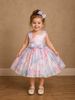 Pastel Watercolor Print Satin Party Frock with Pearl Bow Accent