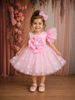 Baby Pink Heart Sequins Design Net Frock With Oversized Bow