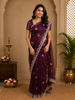 Burgundy Floral Sequins Designed Net Saree