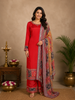 Crimson Red Floral Design Synthetic Straight Cut Salwar Suit