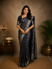 Navy Blue Floral Woven Banarasi Silk Saree With Silver Zari Border