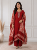 Red Semi Banarasi Straight Cut Salwar Suit Adorned with Floral Embroidery, paired with Dupatta