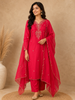Red Straight Cut Salwar Suit for Girls Adorned with Embroided Floral Design and Paired with Dupatta