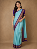 Sky Blue Checked Pure Kanchipuram Silk Saree With Purple Zari Border And Pallu