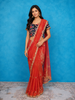 Red Pink Tissue Organza Saree Embellished with Beads Border and Embroidery Blouse