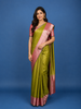 Olive Green Floral Woven Kanchipuram Silk Saree With Contrast Pink Zari Border