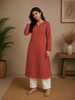 Brick Red Floral Printed Design Cotton Kurti