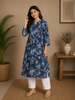 Navy Blue Floral Printed Cotton Kurti Top