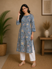 Slate Blue Floral Design Print Rayon Kurti