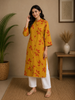 Mustard Yellow Leaf Design Printed Cotton Kurti