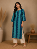 Teal Blue Abstract Printed Cotton Kurti