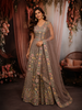 Muted Mocha Brown Floral Thread and Mirror Embroidered Design Net Lehenga with Dupatta