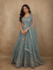 Teal Blue Floral Thread and Mirror Embroidered Design Net Lehenga with Dupatta