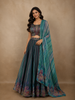 Teal Blue Abstract Printed Design Organza Lehenga with Dupatta