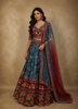Teal Blue and Maroon Floral Beads Embroidered Design Tussar Lehenga with Dupatta