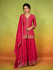 Dark Pink Palazzo Suit Adorned with Floral Embroidery, With Dupatta and 3/4 Sleeve