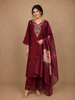 Wine Floral Embroidered Semi Silk Salwar Suit With Dupatta