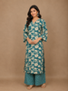 Teal Blue and Ivory Floral Printed Satin Salwar Suit
