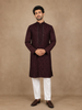 Deep Maroon Mirror Embroidered Floral Cotton Kurta for Men