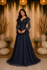 Dark Blue Net with Beads, Stones and Long Sleeves Gown
