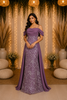 Purple Net with Glitter Powder Pasting and Off Shoulder Sleeve Gown