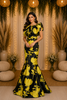 Yellow Partywear with Floral Prints, Waist Belt and Without Dupatta Gown
