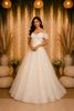 White Net Off-Shoulder Ball with Floral Threadwork and Sequins Gown