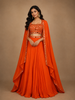 Orange Mirror Embroidered Satin Skirt Top With Jacket