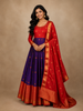 Red And Navy Blue Floral Woven Banarasi Silk Gown With Dupatta