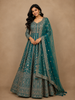 Teal Green Floral Embroidered Design Net Gown