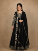 Black Floral Printed Satin Gown With Mirror Work Yoke And Dupatta