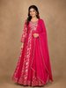 Queen Pink Floral Printed Satin Gown With Mirror Work Yoke And Dupatta