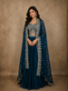 Deep Teal Blue Floral Zari Embroidered Design Georgette Indo Western Skirt Top  with Over Coat