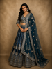 Teal Blue Floral Sequins and Zari Embroidered Design Banarasi Silk Lehenga with Dupatta