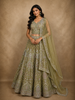 Muted Olive Pistachio Green Floral Thread and Mirror Embroidered Design Net Lehenga with Dupatta