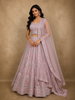 Dusty Rose Pink Floral Thread and Mirror Embroidered Design Net Lehenga with Dupatta