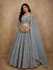 Soft Dusty Ice Blue Floral Zari and Mirror Embroidered Design Net Lehenga With Net Dupatta