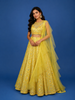 Yellow Sangeet Lehenga Adorned with Floral and Mirror Embroidery Designs, with Matching Ruffle Dupatta