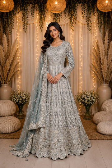 armas lace trim maxi dress green gulrukh Pakistani indian wedding bridal dresses usa uk mehndi nikkah outfits  – Pakistani Designer Dresses main image 0