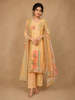 Yellow Semi Banaras Straight Cut Salwar Suits Adorned with Floral Prints and Beads, paired with Dupatta