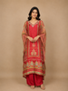 Red Floral Designed Semi Silk Kaftan Suit